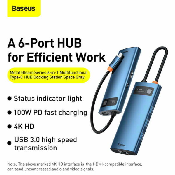 Baseus Metal Gleam Series 6-in-1 Multifunctional Type-C HUB Docking Station Blue WKWG000003