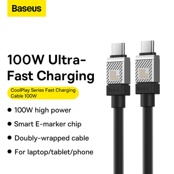 Baseus Cable 100W Type-C To Type-C CoolPlay Series Doublly-Wrapped Premium Quality Fast Charging Cable CAKW000301 2M Black