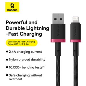 Baseus Cable For Iphone Dura Series Fast Charging Cable USB to Lightning  2.4A 2m Red+Black P10377801U01-03