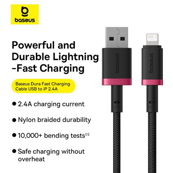 Baseus Cable For Iphone Dura Series Fast Charging Cable USB to Lightning  2.4A 2m Red+Black P10377801U01-03