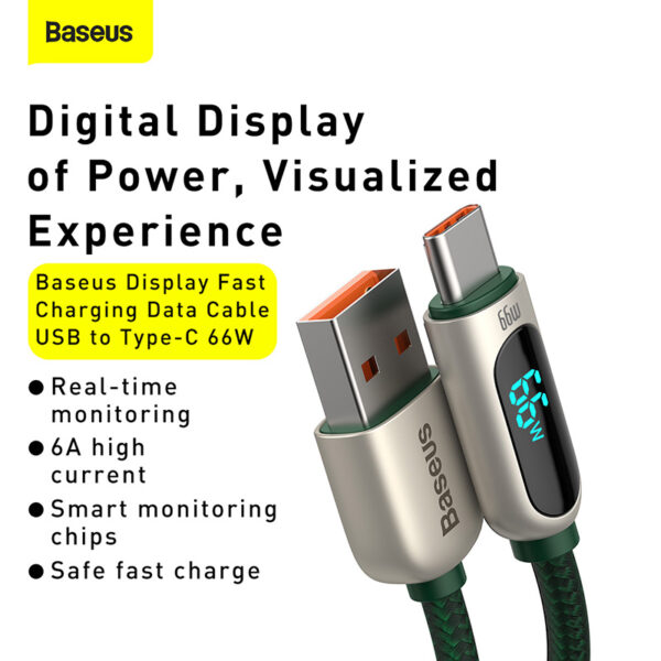Baseus  Display Fast Charging Data Cable USB to Type-C 66W 1m Green CASX020006 - Image 6