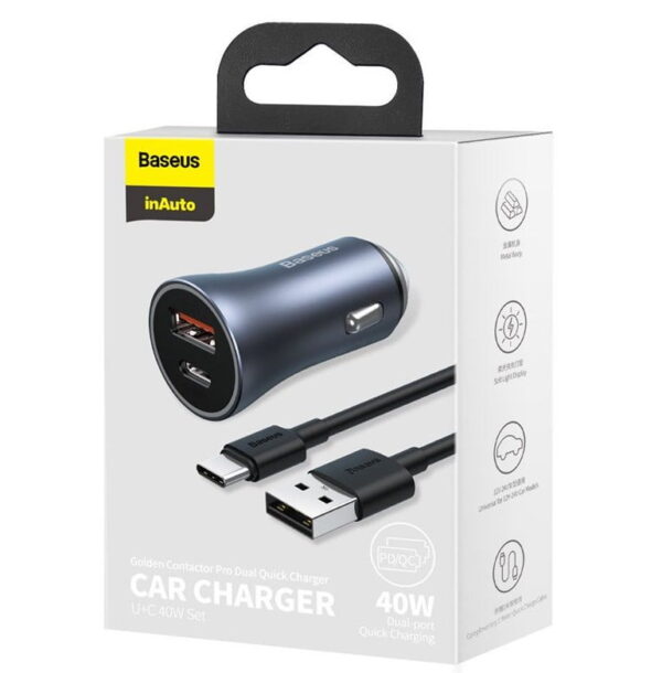 Baseus Golden Contactor Pro Dual Quick Charger Car Charger U+C 40W USB Type-C 5A 1.0m Cable Dark Gray TZCCJD-0G - Image 4