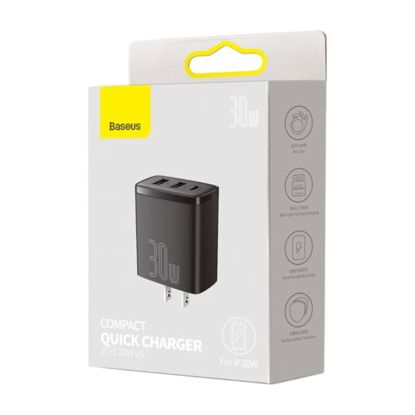 BASEUS Compact Quick Charger 2U+C Three Ports 30W Travel Power Adapter CN Plug - Black CCXJ-C01 -3 Months Replacement Warranty - Image 2