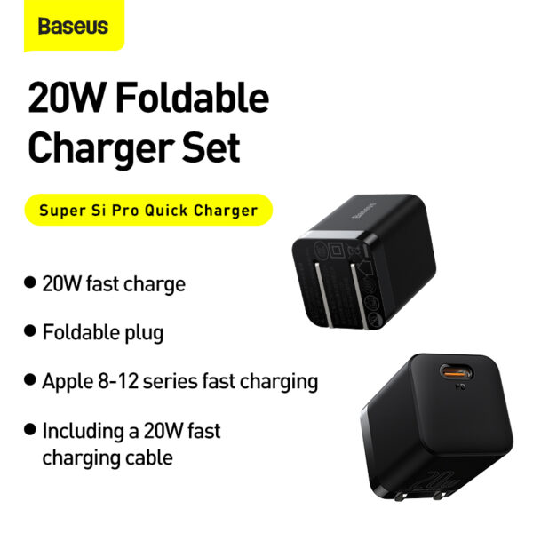 Baseus PD 20W Charger For Iphone 11 12 13 14 Series Super Si Pro Quick Charger 1C With Type-C to Lightning For Iphone  cable Black - Image 7