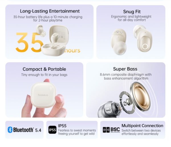 Baseus TWS Bass BD1  True Wireless Earbuds 8hour Long Music Time Cosmic Purple A00084601513-Z1 - Image 5
