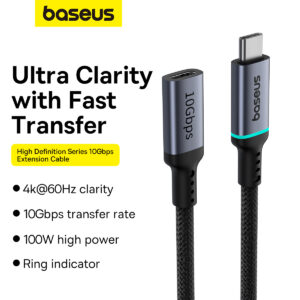 BASEUS Type-C Female to Type-c Male Extension Cable 4K 60Hz Clarity  10Gbps Braided Fast Charging Cable 1m Black -B0063370C111-01
