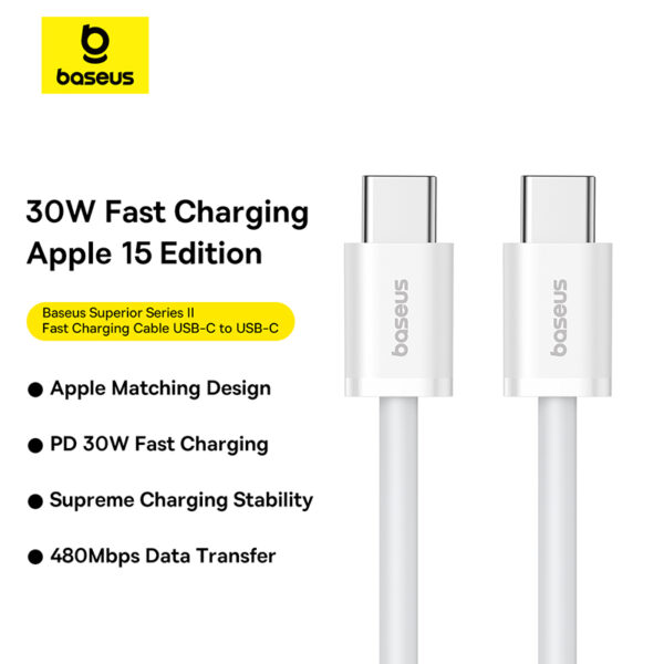 BASEUS Cable For Iphone 15 Pro 15 Pro Max Series  Superior Series 2 Fast Charging Data Cable Type-C to Type-C PD 30W Charging Cable 1m White P10365200211-00