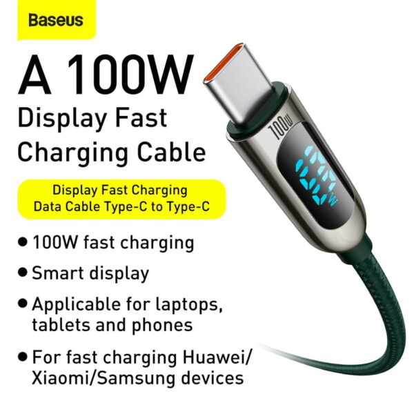 BASEUS Display Fast Charging Data Cable Type-C to Type-C 100W 2m - Green CATSK-C06 - Image 6