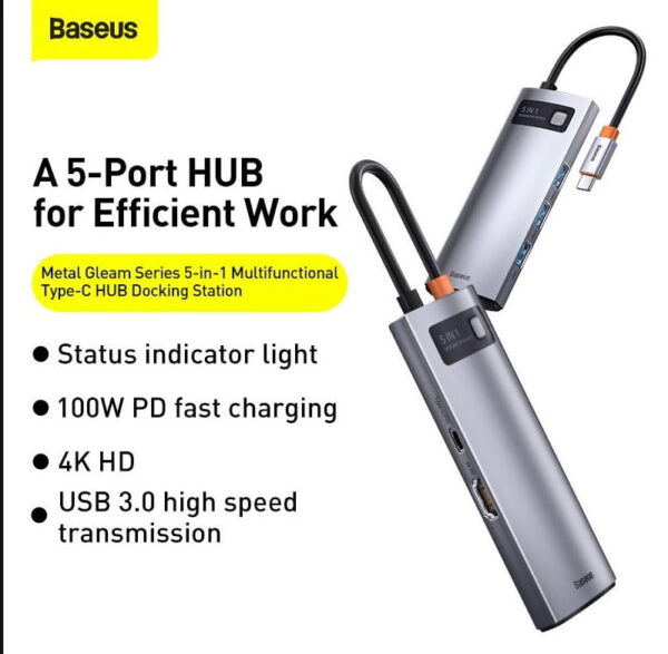 BASEUS Metal Gleam Series 5-in-1 Multifunctional Type-C HUB Docking Station - Dark Grey CAHUB-CX0G - Image 4