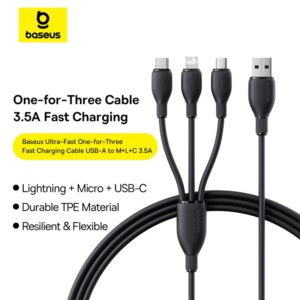 BASEUS Ultra-Fast 3 in 1 Fast Charging Cable USB to Micro USB Lightning USB-C 3.5A 1.3m - Black P10376303121-00