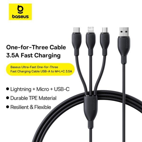 BASEUS Ultra-Fast 3 in 1 Fast Charging Cable USB to Micro USB Lightning USB-C 3.5A 1.3m - Black P10376303121-00