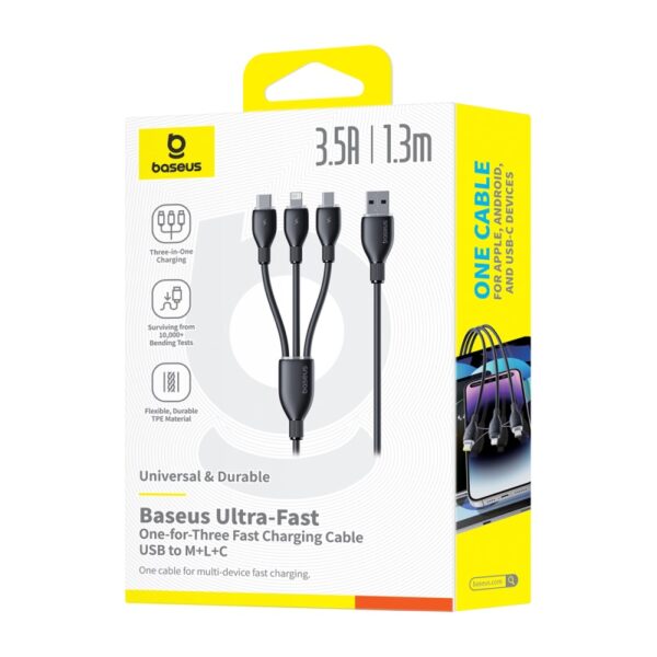 BASEUS Ultra-Fast 3 in 1 Fast Charging Cable USB to Micro USB Lightning USB-C 3.5A 1.3m - Black P10376303121-00 - Image 5