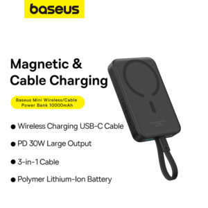 [Premium] Baseus Power Bank 30W 10000mAh Magnetic Wireless Power Bank With Built-in Type-C Cable  -P1002210B113-00