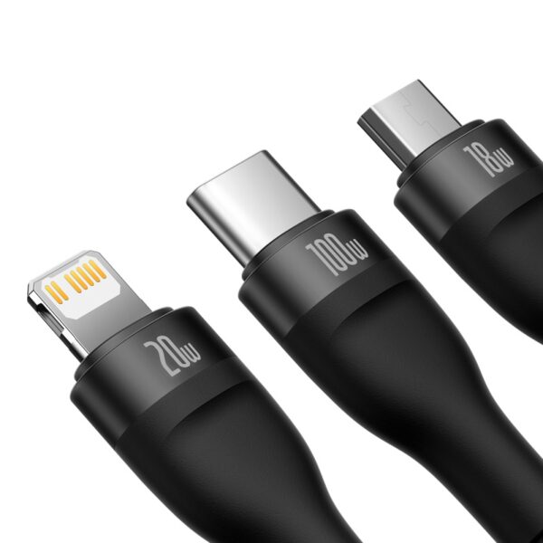Baseus Cable CASS030101 Flash Series Ⅱ Two-for-three Fast Charging Data Cable USB to M+L+C 100W 1.2m Black - Image 3