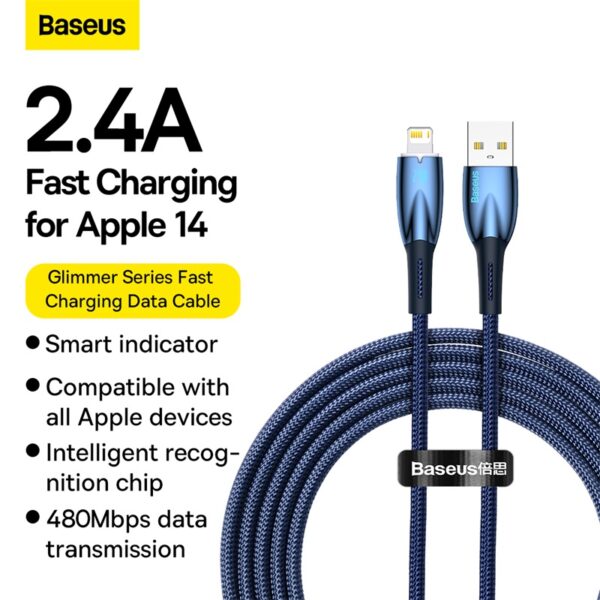 Baseus Cable For Iphone 5 6 7 8 9 X 11 12 13 14 Series  Glimmer Series Fast Charging Data Cable USB to iP 2.4A 1m Blue CADH000203