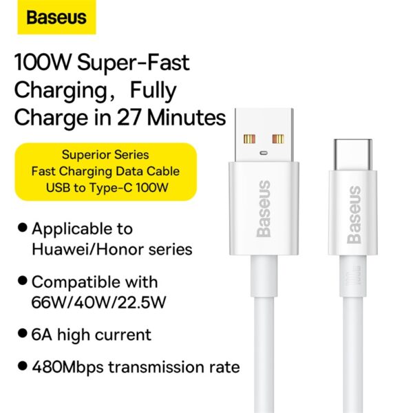 Baseus Cable For Power Bank .25m 100W Superior Series Fast Charging Data Cable USB to Type-C White P10320102214-00
