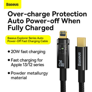 Baseus Cable Type-C to Lightning For Iphone Explorer Series Auto Power-Off Fast Charging Data PD Cable Type-C to IP 20W 1m Black -CATS000001
