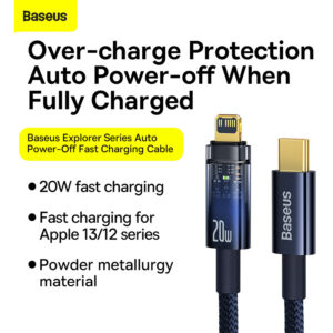 Baseus Cable Type-C to Lightning  Explorer Series Auto Power-Off Fast Charging Data PD Cable Type-C to IP 20W 2m Blue- CATS000103