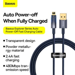 Baseus Cable Usb To Iphone Lightning Explorer Series Auto Power-Off Fast Charging Data Cable  For Iphone 2.4A  CATS000403 Blue- 1M