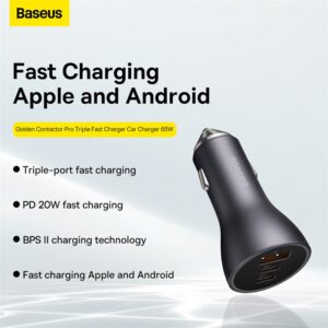 Baseus Car Charger 65W 2x Type-C 1x USB A Golden Contactor Pro Triple Fast Charger Car Charger 65W  Dark Gray CGJP010013