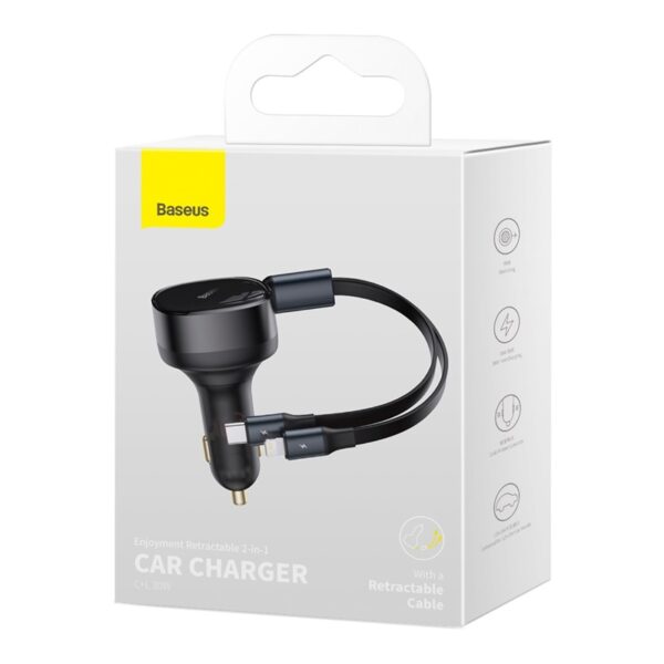 Baseus Car Charger Enjoyment Retractable dual Output Type-c & Lightning 30W Black CGTX000001 - Image 2