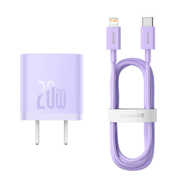 Baseus Charger 20W For Apple Iphone 14 13 12 11 Series GaN5 Fast Charger 1C  CN Set  Black Type-C to Lightning For Iphone PD 20W 1m Cable Purple  CCGN040105