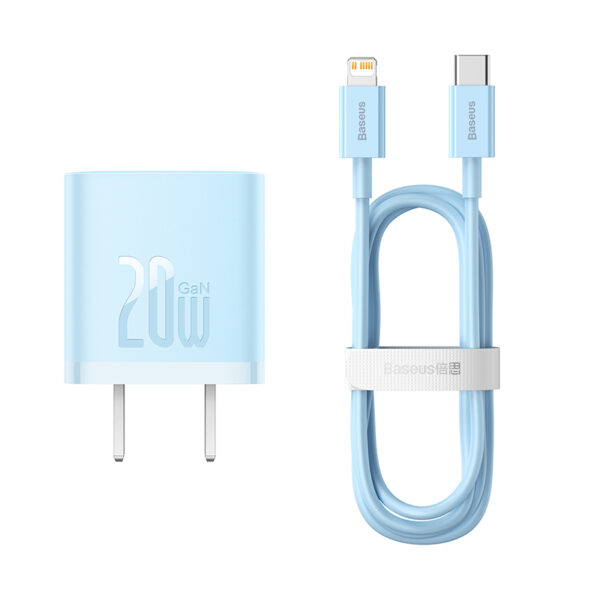 Baseus Charger 20W For Apple Iphone 14 13 12 11 Series GaN5 Fast Charger 1C  CN Set Type-C to iP PD 20W 1m Cable Sierra Blue  CCGN040103