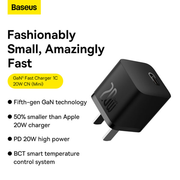 Baseus Charger 20W For Apple Iphone 14 13 12 11 Series GaN5 Fast Charger  1C  CN Adapter Black CCGP130001