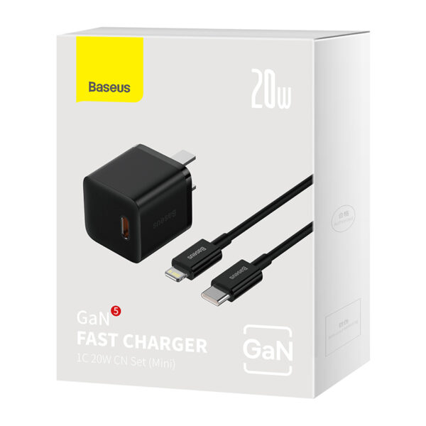 Baseus Charger 20W For Apple Iphone 14 13 12 11 Series GaN5 Fast Charger 1C  CN Set  Black Type-C to iP PD 20W 1m Cable Black CCGN040101 - Image 6
