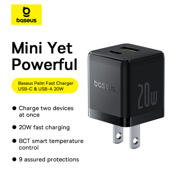 Baseus Charger Palm Series 20W Dual Output PD Fast Charger 1X USB A 1x Type-c P10111609113-00