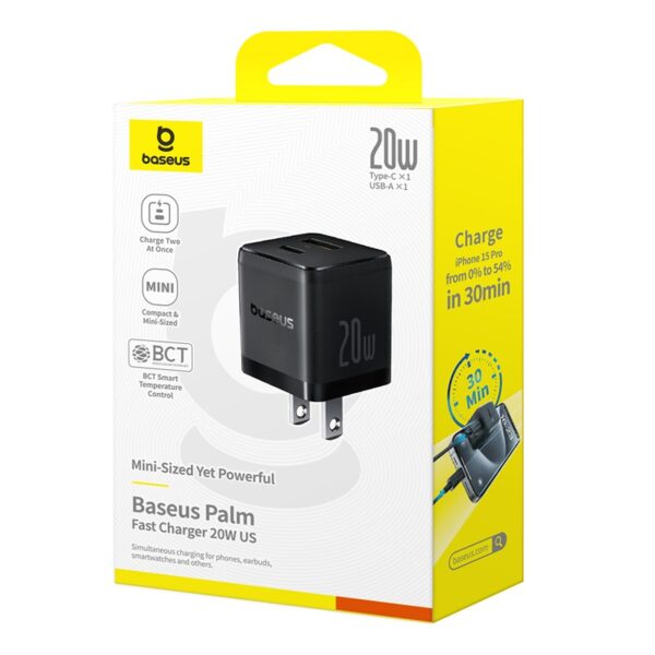 Baseus Charger Palm Series 20W Dual Output PD Fast Charger 1X USB A 1x Type-c P10111609113-00 - Image 2