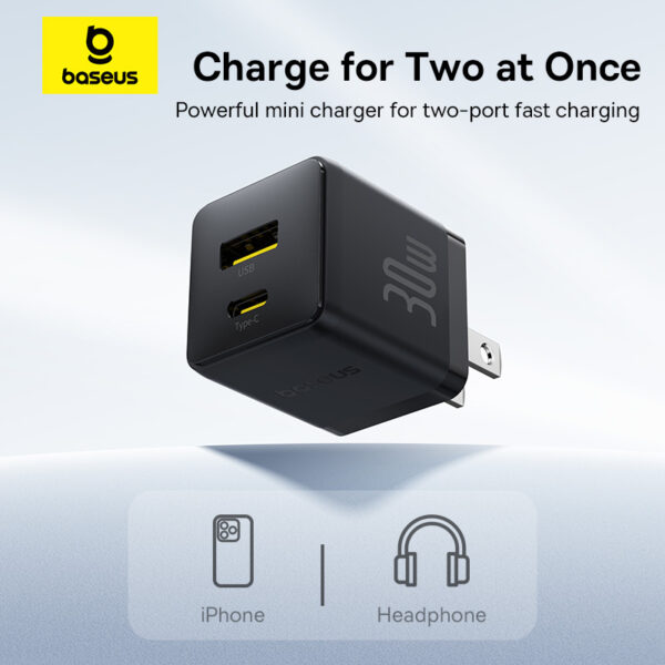 Baseus Charger Set Palm Series 30W Dual Output  PD  Fast Charger 1X USb 1x Type-c With 60W Type-c cable P1011160B113-01 - Image 3
