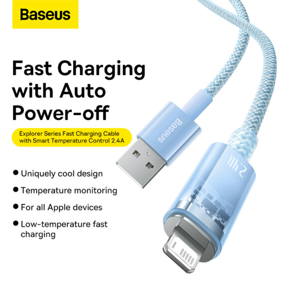 Baseus Charging Cable Explorer Series Smart Temperature Control Fast Charging Lightning Cable For Iphone USB to Lightning  2.4A 1m Blue CATS010003