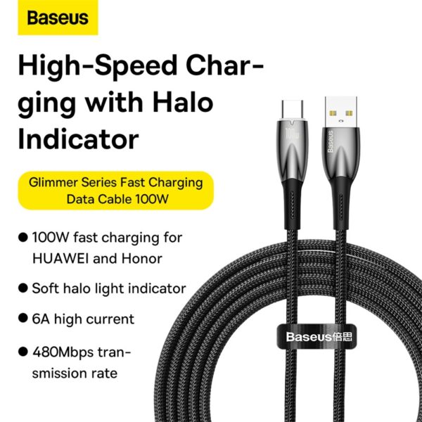 Baseus Cable PD Charging 100W Glimmer Series Fast Charging Data Cable USB to Type-C 100W 2m Black CADH000501