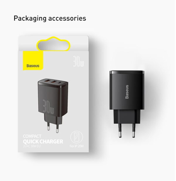 BASEUS Compact Quick Charger Portable 2U+C Three Ports 30W Wall Charging Adapter EU Plug - 3 Months Replacement Warranty - Image 5