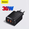 BASEUS Compact Quick Charger Portable 2U+C Three Ports 30W Wall Charging Adapter EU Plug - 3 Months Replacement Warranty