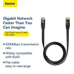 Baseus Ethernet Cable high Speed Six types of RJ45 Gigabit network cable  flat cable 2m Black WKJS000101
