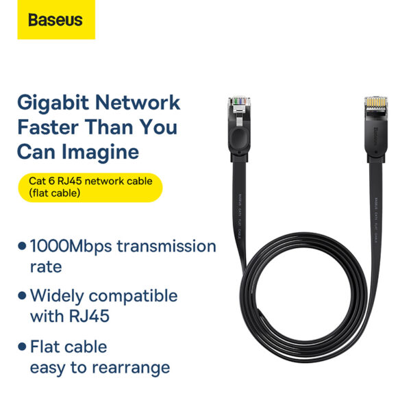 Baseus Ethernet Cable high Speed Six types of RJ45 Gigabit network cable  flat cable 2m Black WKJS000101