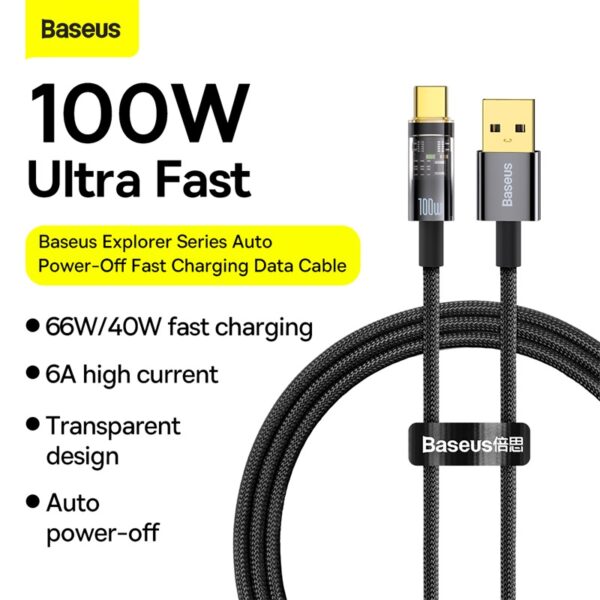 Baseus Cable Explorer Series Auto Power-Off  USB to Type-C Fast Charging Data Cable 100W 2m Black CATS000301