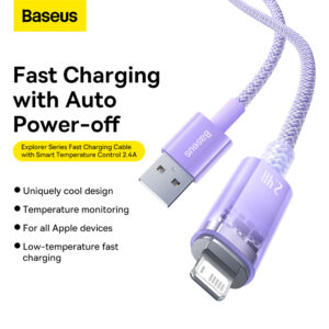 Baseus Cable Explorer Series Smart Temperature Control Fast Charging Usb To Lightning Cable  2.4A 2m Purple CATS010105 For Iphone  11 12 13 14