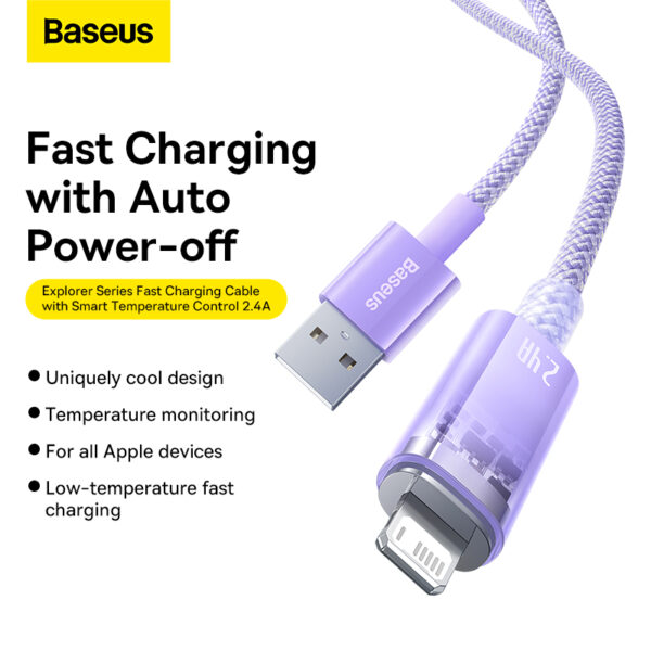 Baseus Cable Explorer Series Smart Temperature Control Fast Charging Usb To Lightning Cable  2.4A 2m Purple CATS010105 For Iphone  11 12 13 14