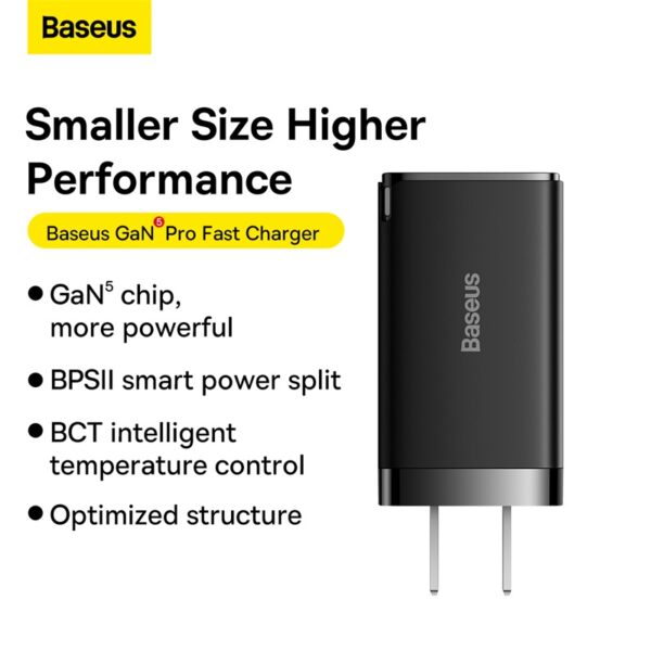 Baseus GaN5 Pro 65W Fast Charger 2X Type-C 1X USB Port  CN For MacBook Laptop Phone With Type-C to Type-C 100W Cable 20V 5A 1m Black  CCGP120001
