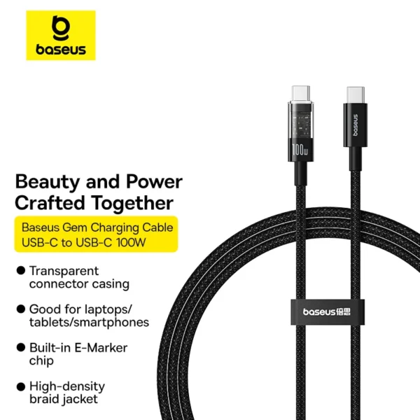 Baseus Cable Type-c to Type-c 100W Cable Gem Series For Macbook Mobile Iphone 15 Series Samsung Pixel & More
