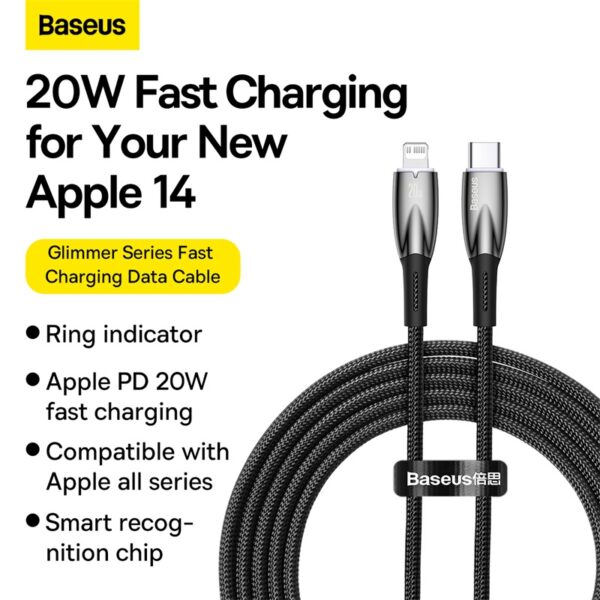 Baseus Charging Cable PD For Iphone 14 13 12 11  Glimmer Series Fast Charging Data Cable Type-C to Lightning iP 20W 1m Black CADH000001