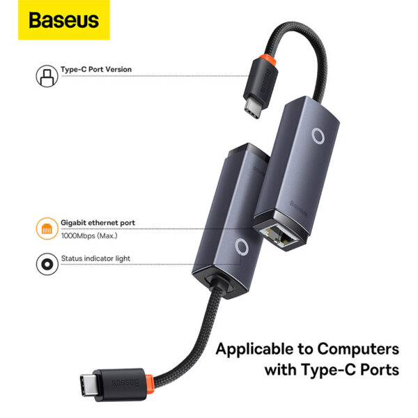 Baseus Hub Lite Series Ethernet Adapter USB to RJ45 LAN Port 1000Mbps  Aluminum Alloy Grey WKQX000313 - Image 6