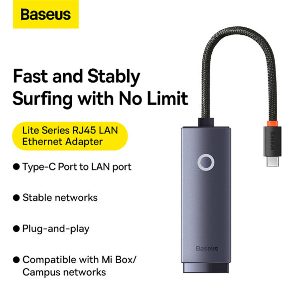 Baseus Hub Lite Series Ethernet Adapter USB to RJ45 LAN Port 1000Mbps  Aluminum Alloy Grey WKQX000313