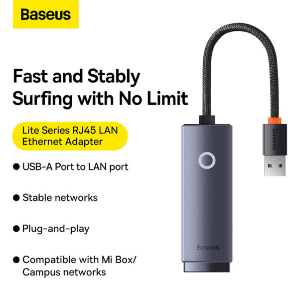 Baseus Hub Lite Series Ethernet Adapter USB to RJ45 LAN Port 1000Mbps Aluminum Alloy Grey WKQX000113