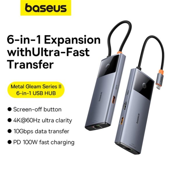 Baseus Hub Metal Gleam Series II 6 in 1 Type-C HUB  HDMI 4K60HZ Rj45 Space Grey B00061802813-00
