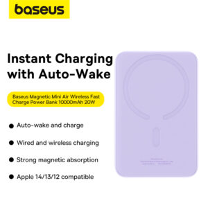 Baseus Magnetic Wireless Power Bank Pass-through Charging 20W 10000Mah for Iphone 15 14 13 12 Series Android Purple  P10059001513-00