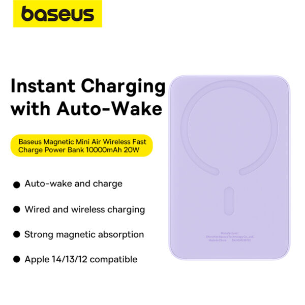 Baseus Magnetic Wireless Power Bank Pass-through Charging 20W 10000Mah for Iphone 15 14 13 12 Series Android Purple  P10059001513-00